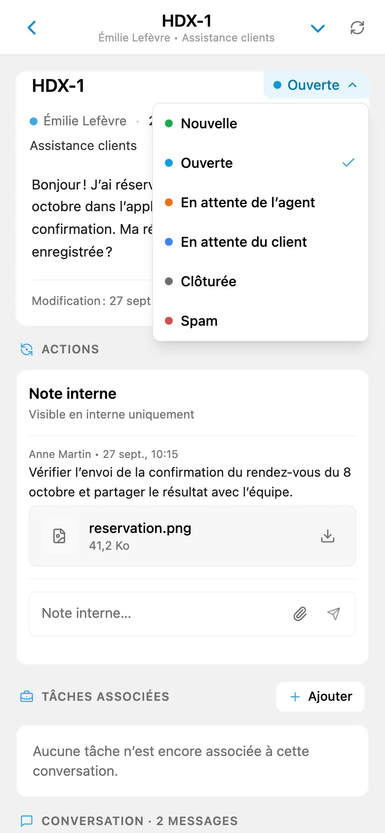 Demande client ouverte affichant son statut et son responsable