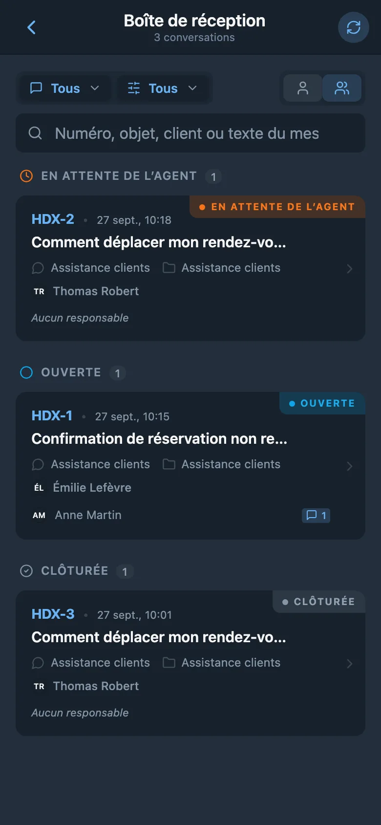 Demandes clients reçues dans différents états