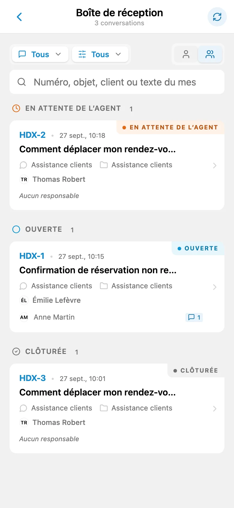 Demandes clients reçues dans différents états