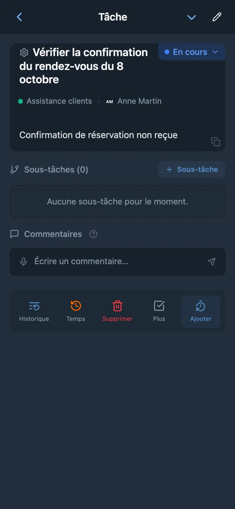 Fiche de tâche liée à une demande client