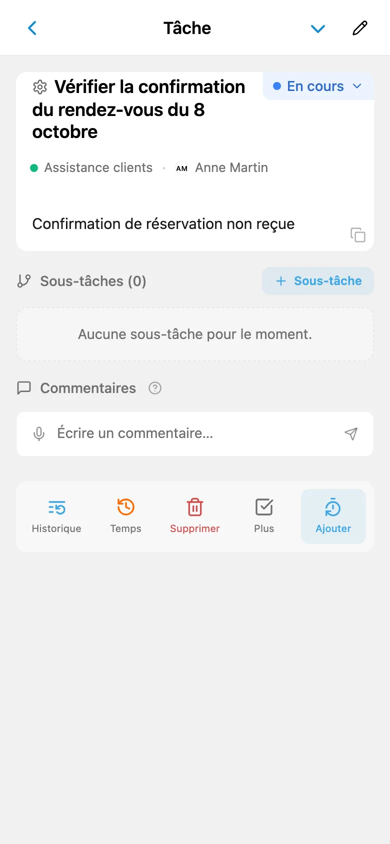 Fiche de tâche liée à une demande client