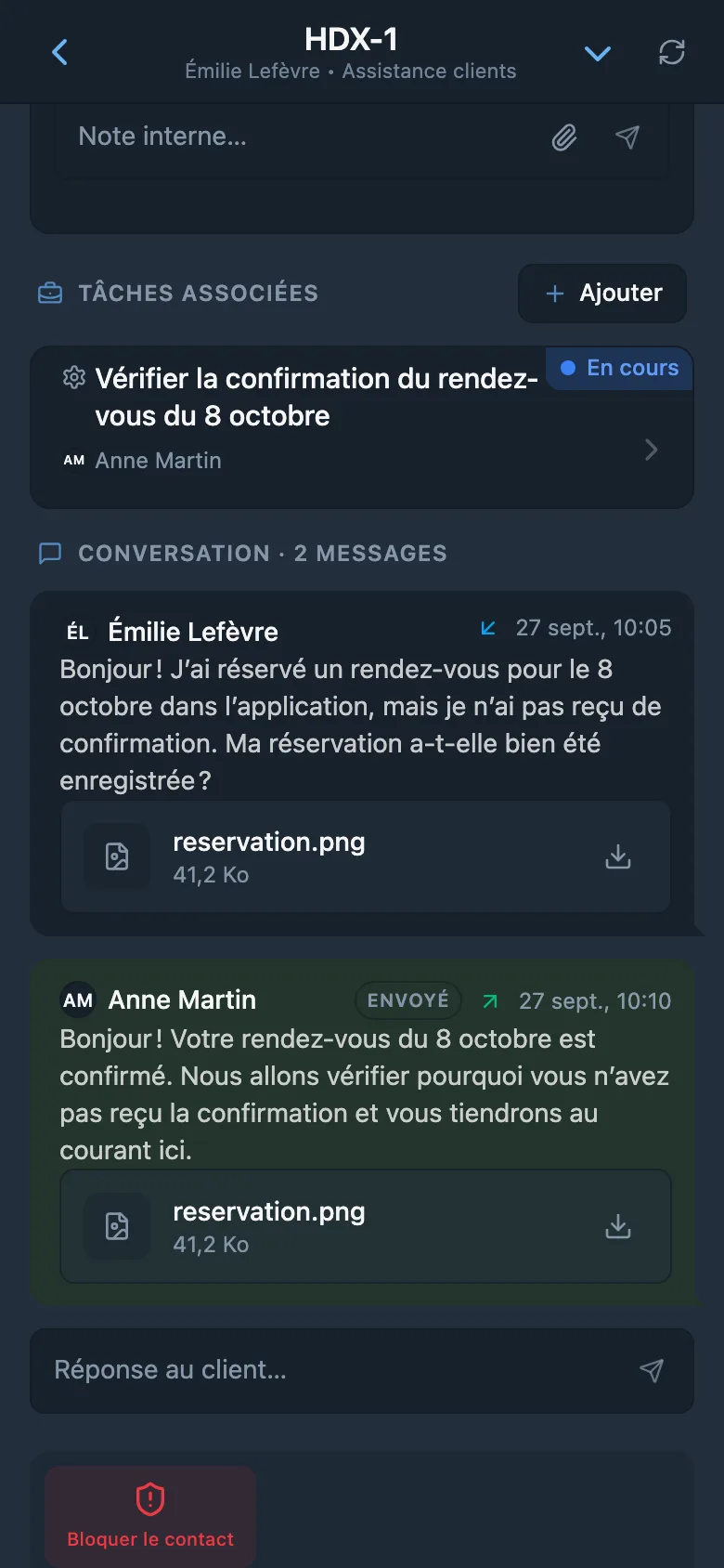 Demande client HelpDesk liée à une tâche de l’équipe