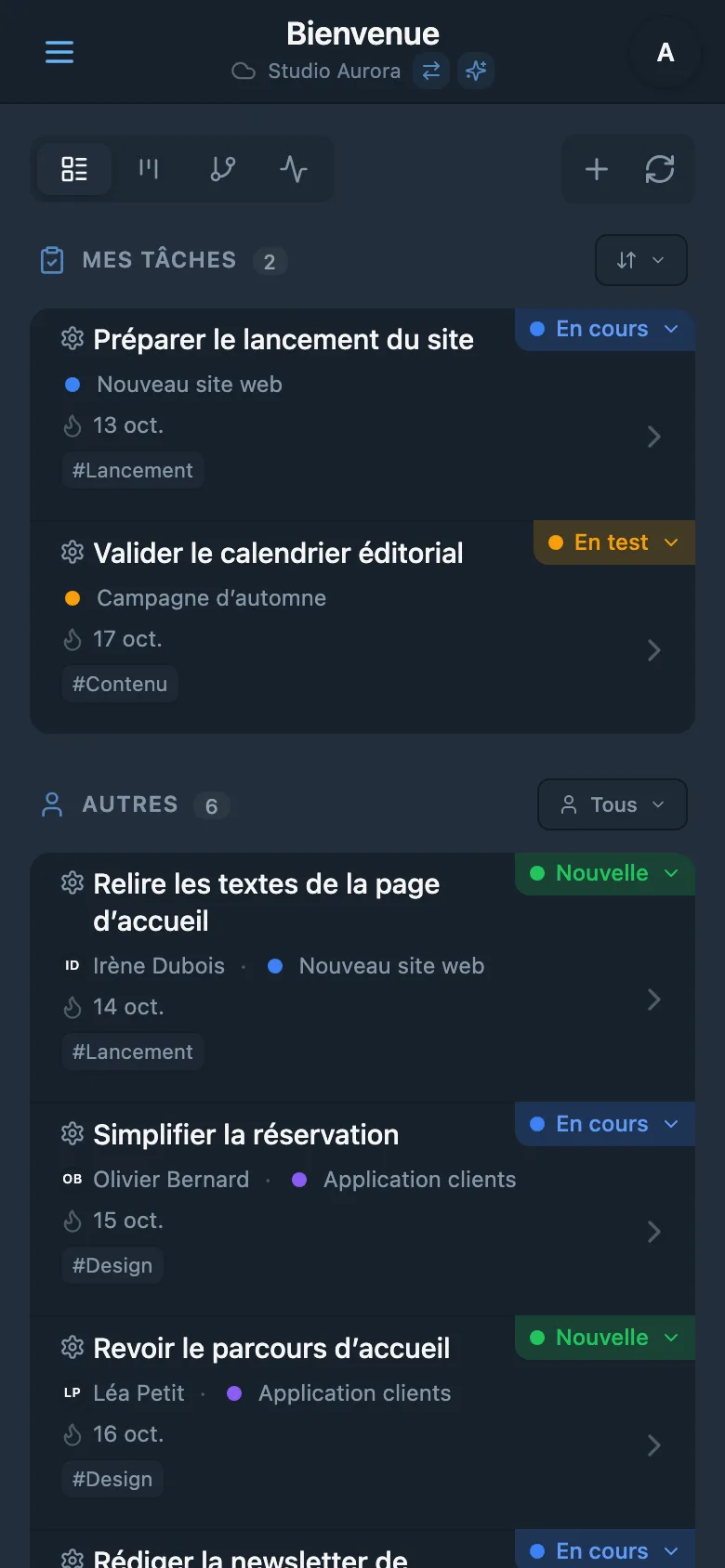 Liste des tâches du studio avec statuts, projets et échéances