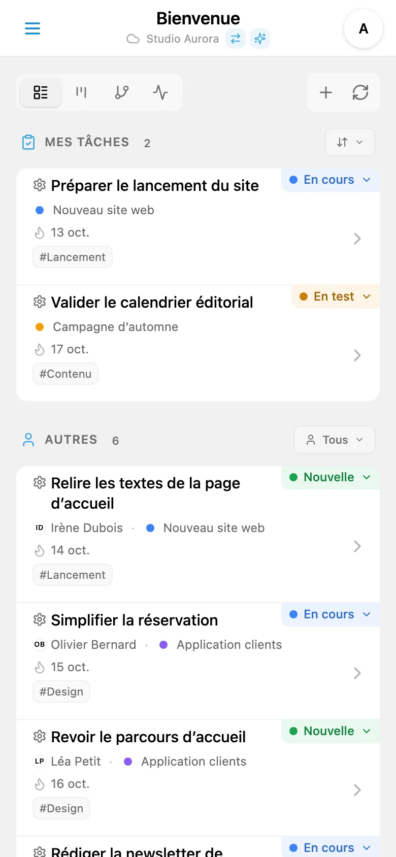 Liste des tâches du studio avec statuts, projets et échéances