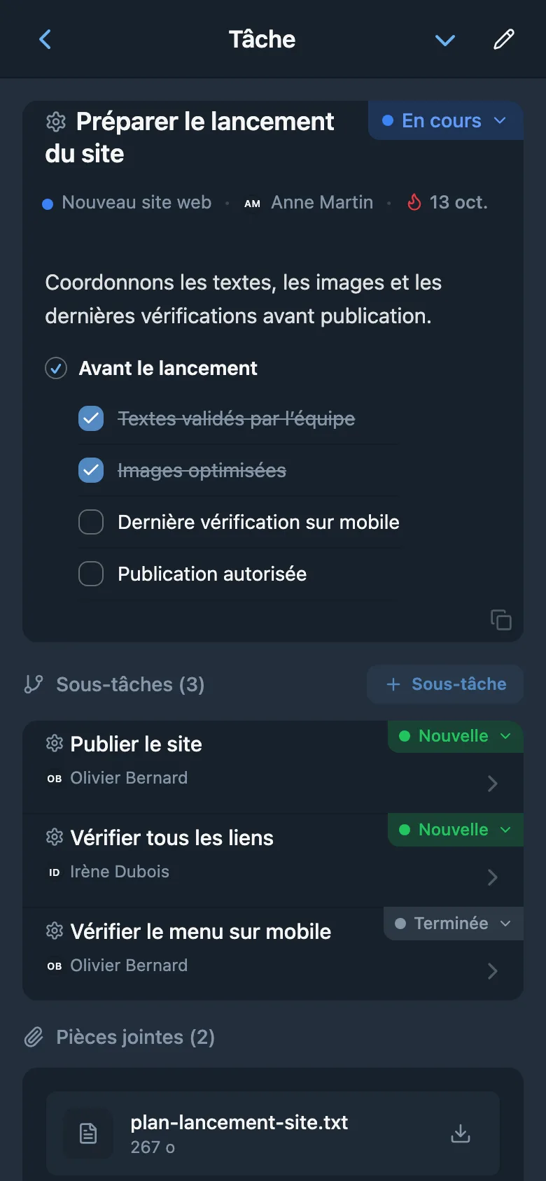 Fiche d’une tâche du nouveau site avec responsable, liste de contrôle et sous-tâches