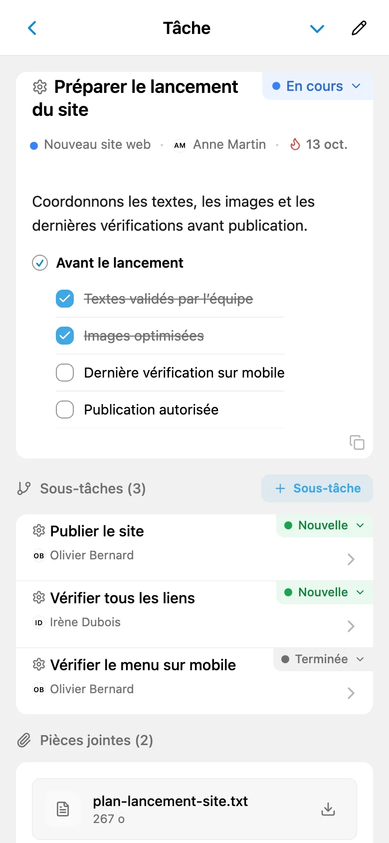 Fiche d’une tâche du nouveau site avec responsable, liste de contrôle et sous-tâches