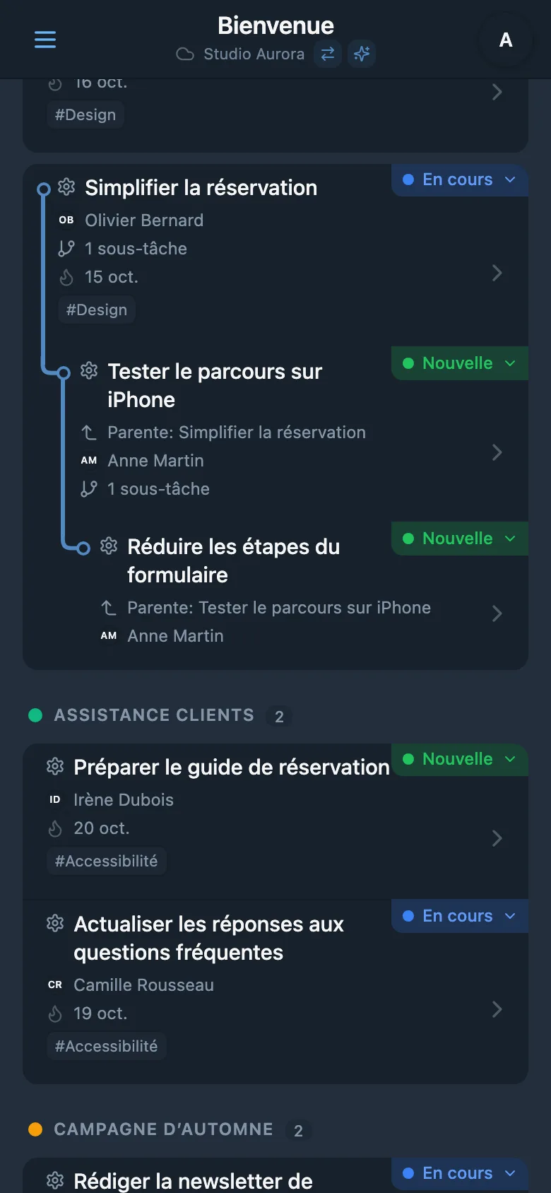 Arborescence dépliée d’un projet avec plusieurs niveaux de sous-tâches