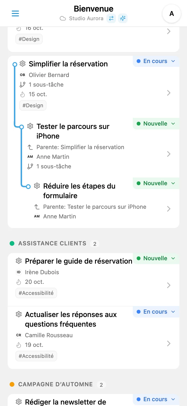 Arborescence dépliée d’un projet avec plusieurs niveaux de sous-tâches