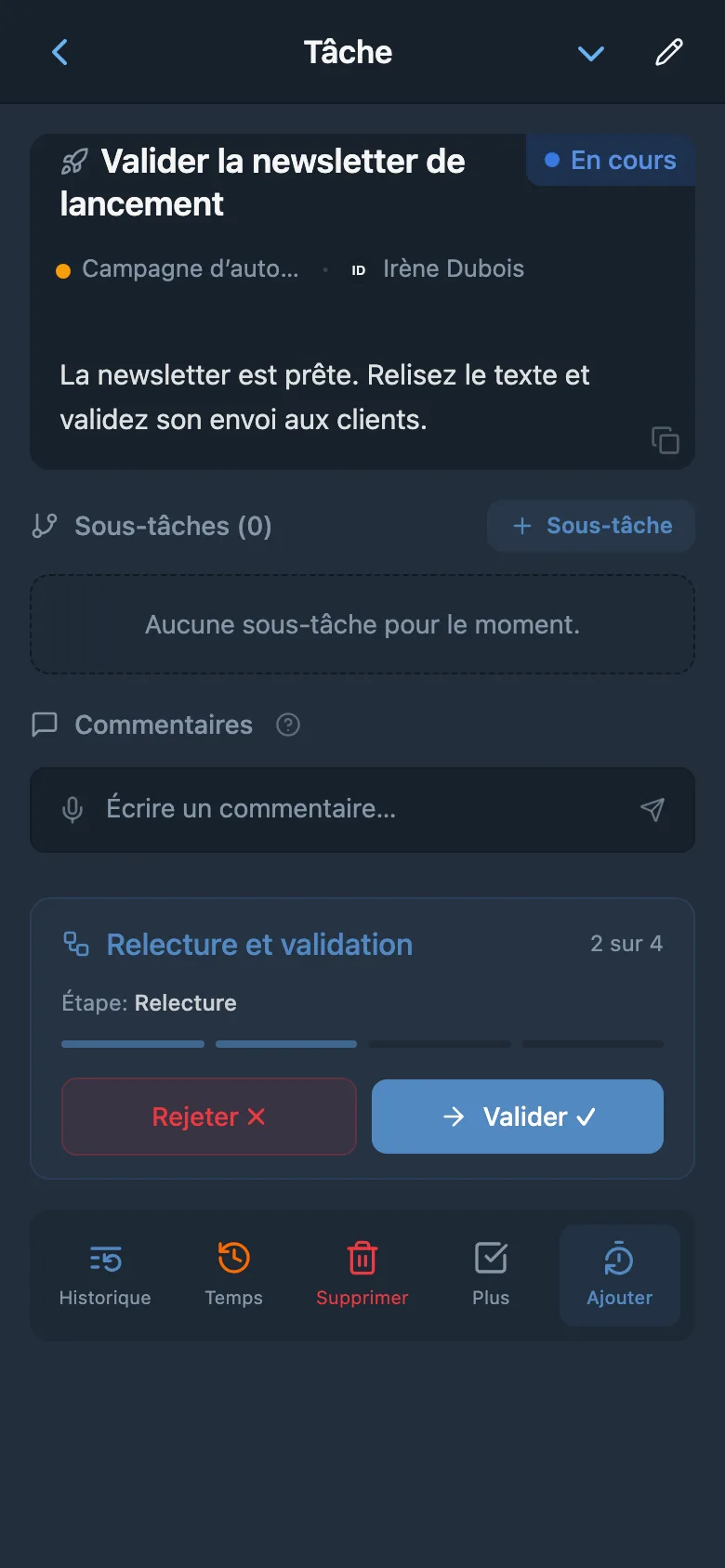 Tâche de relecture d’une newsletter avec l’étape actuelle du flux de travail et le bouton de validation de l’étape