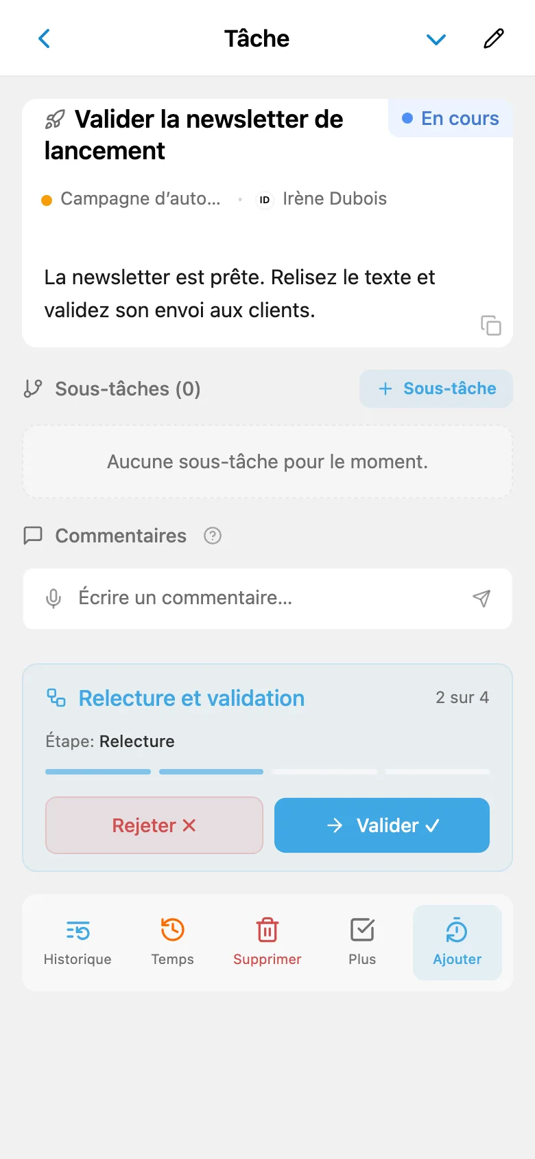 Tâche de relecture d’une newsletter avec l’étape actuelle du flux de travail et le bouton de validation de l’étape