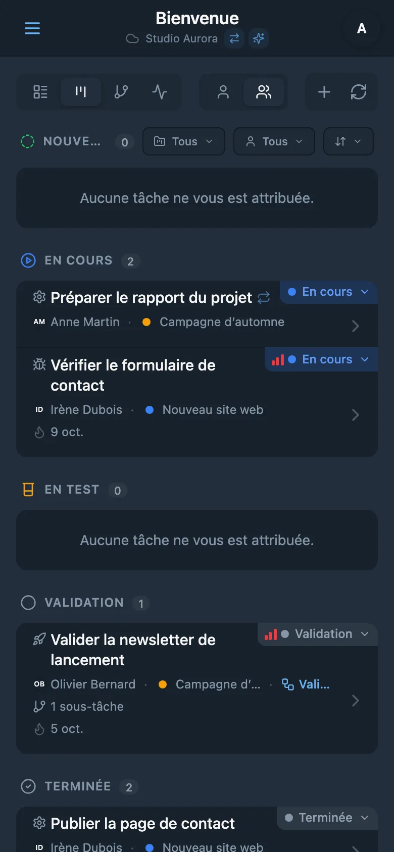 Colonne des tâches terminées sur un tableau Kanban