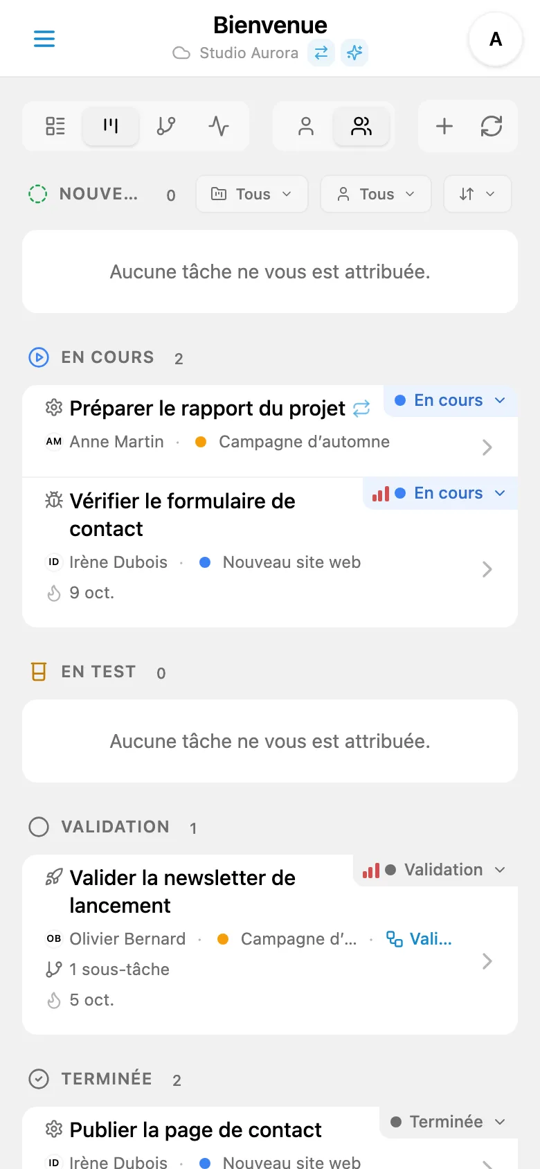 Colonne des tâches terminées sur un tableau Kanban