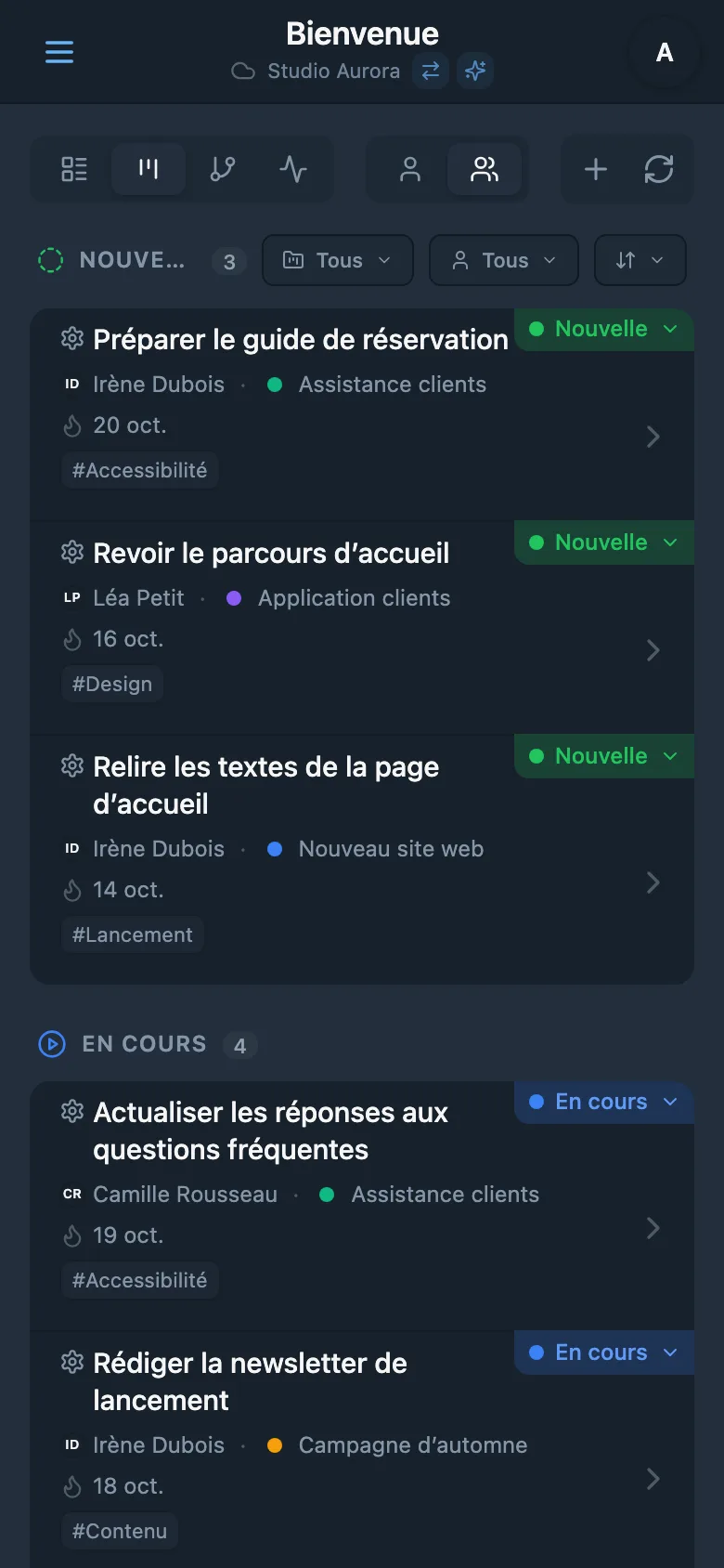 Tableau Kanban avec tâches regroupées par statut