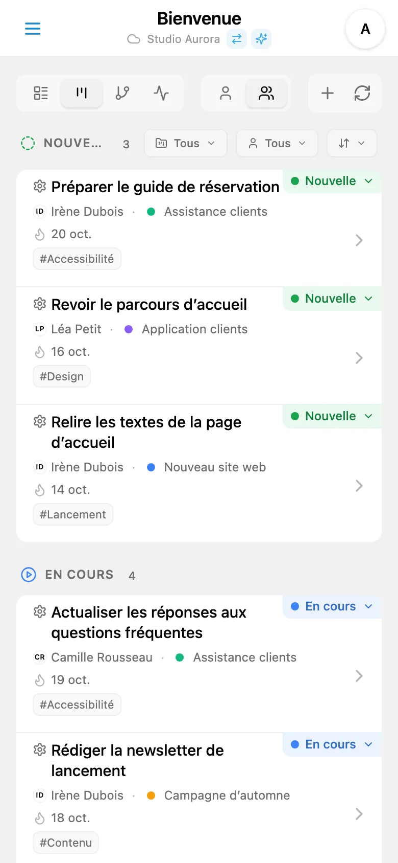 Tableau Kanban avec tâches regroupées par statut