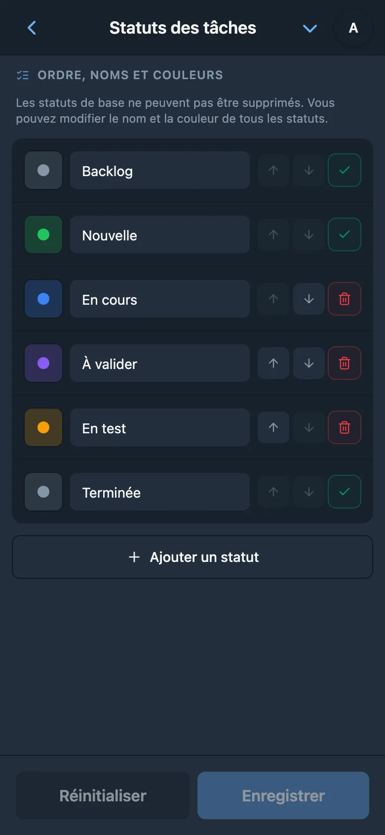 Liste des statuts de tâches avec noms et couleurs