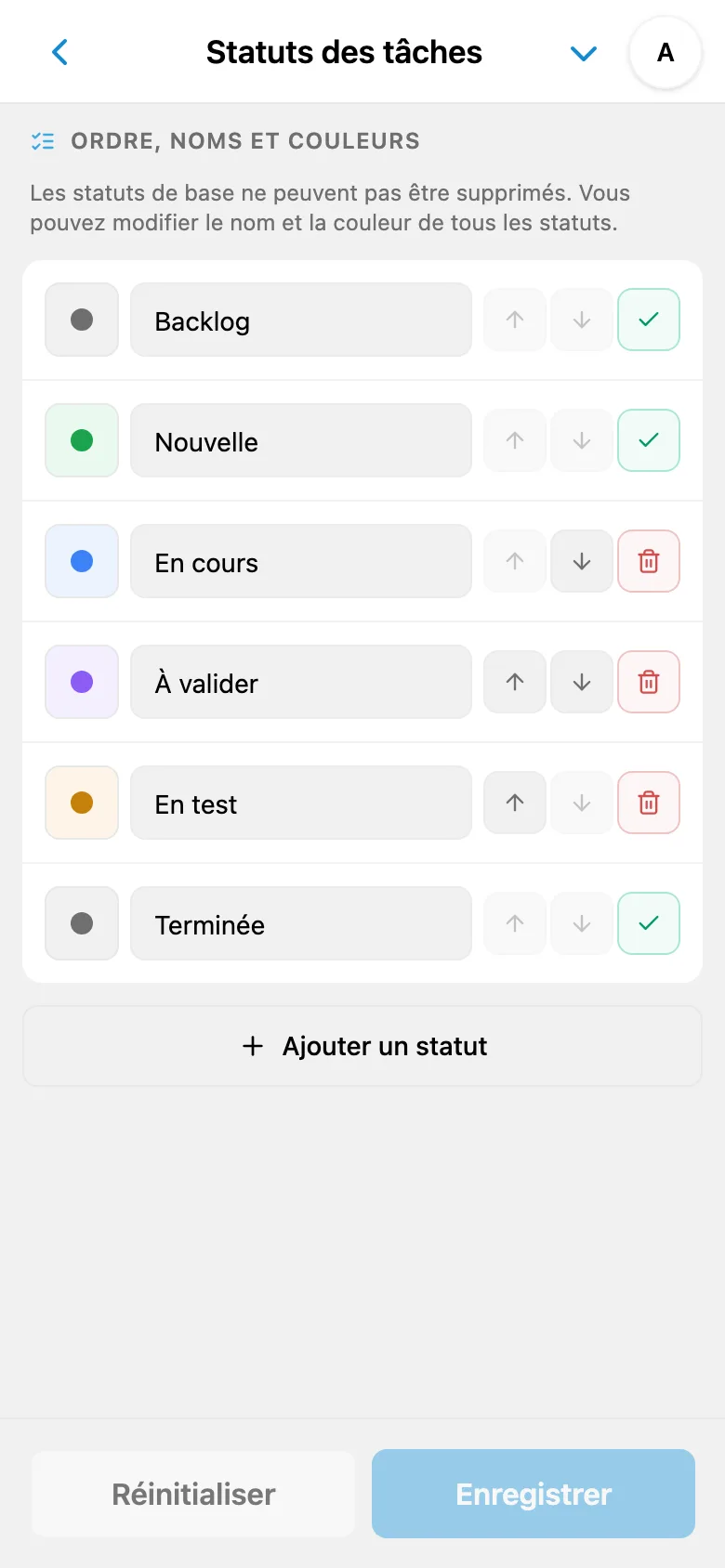 Liste des statuts de tâches avec noms et couleurs