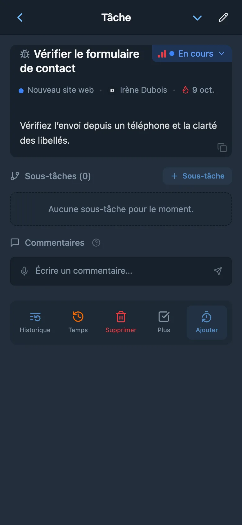 Fiche de tâche ouverte depuis le tableau Kanban du projet