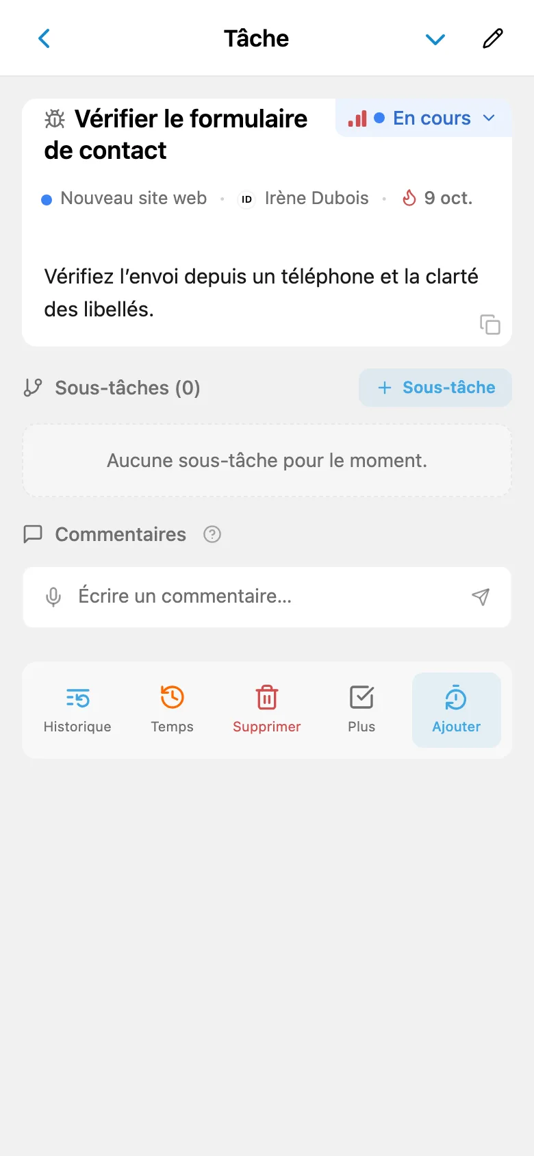 Fiche de tâche ouverte depuis le tableau Kanban du projet