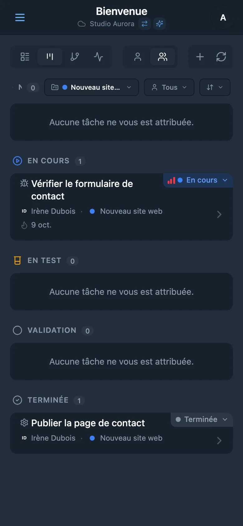 Tableau Kanban filtré par projet