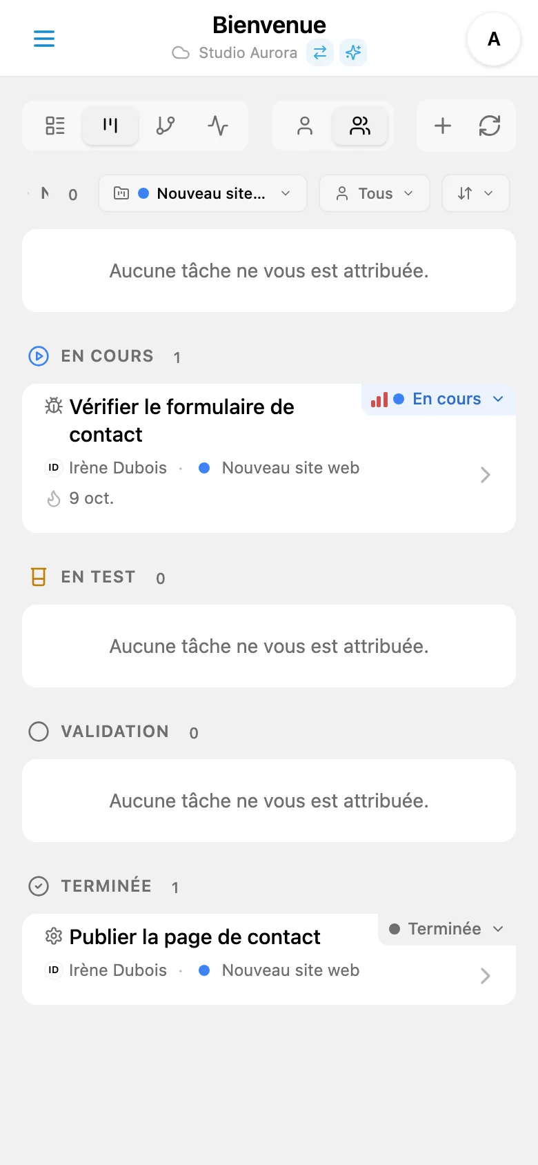 Tableau Kanban filtré par projet
