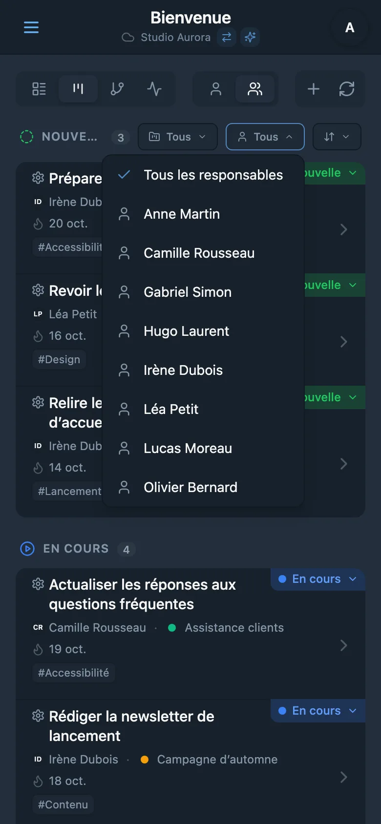Filtre des tâches par responsable