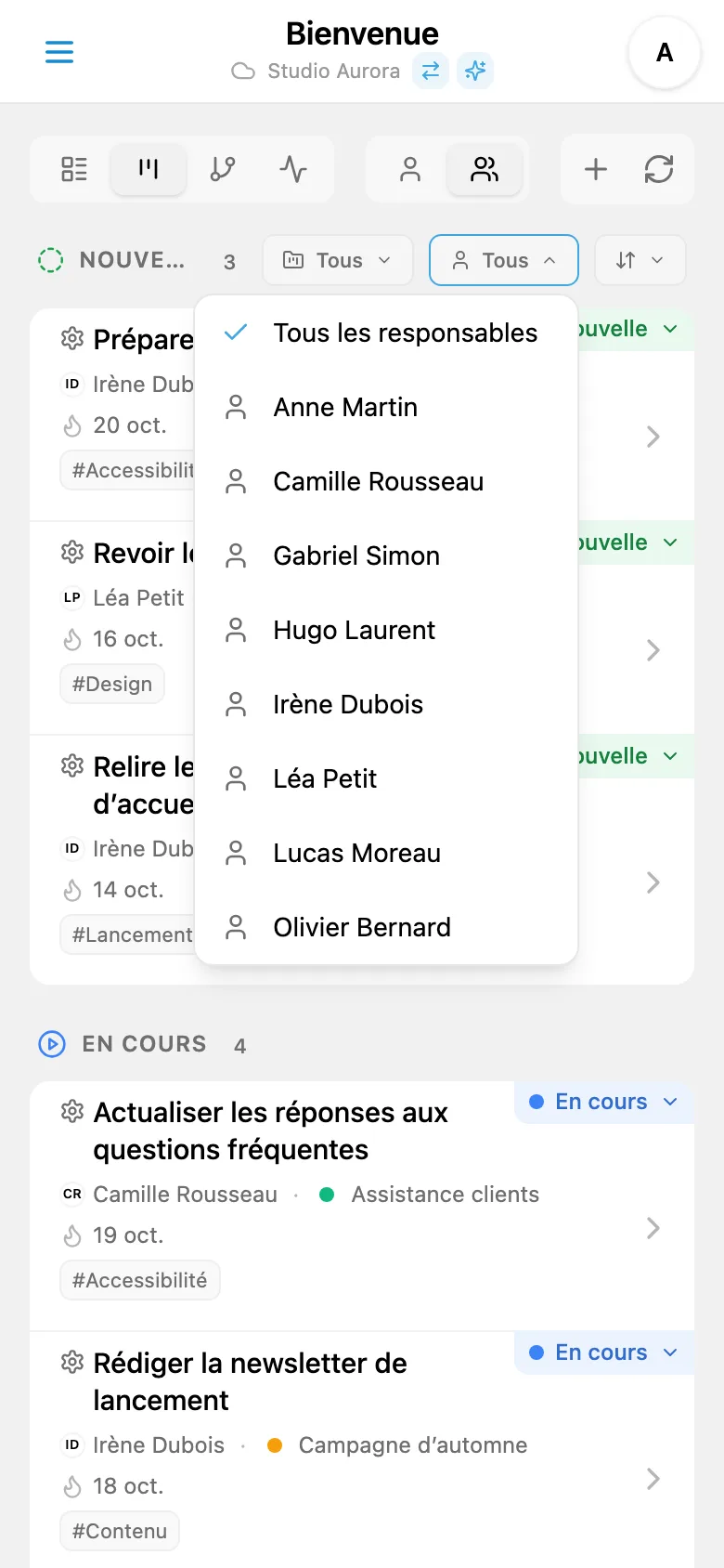 Filtre des tâches par responsable