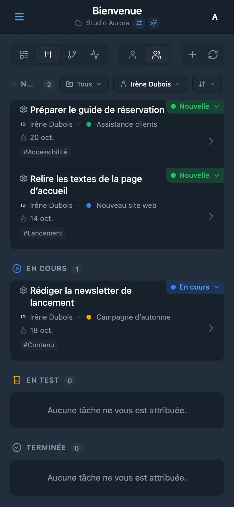 Tableau Kanban filtré par responsable