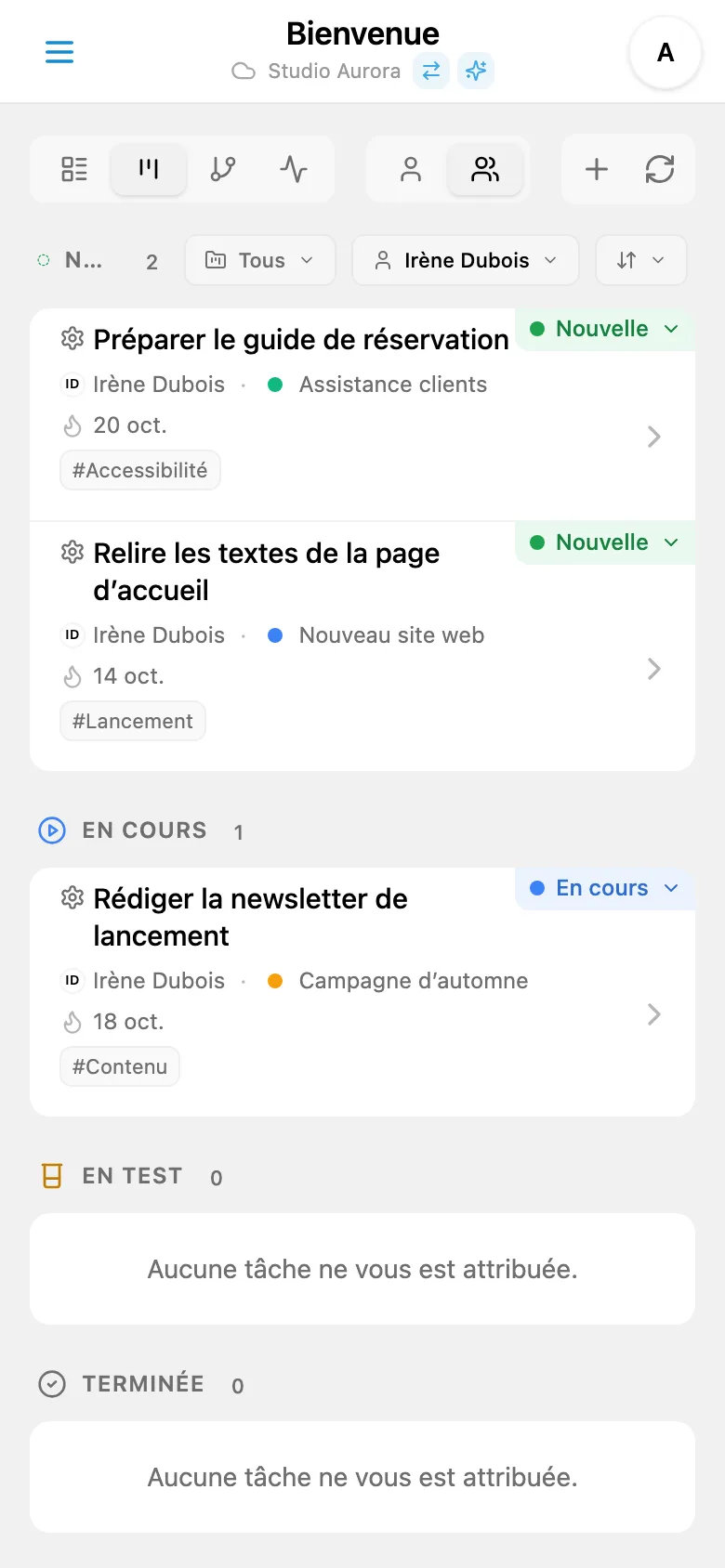 Tableau Kanban filtré par responsable