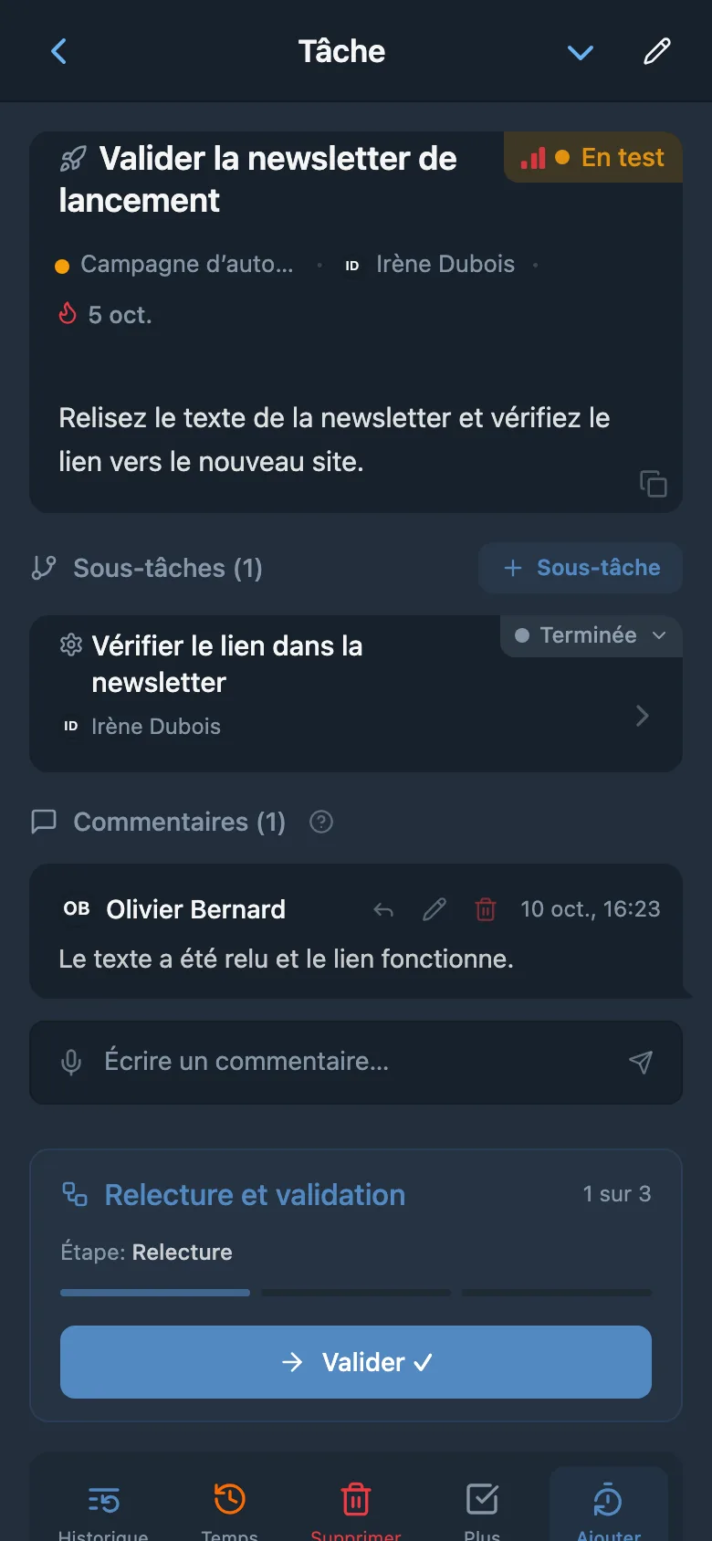 Tâche à l’étape Relecture avec un bouton de passage à l’étape suivante