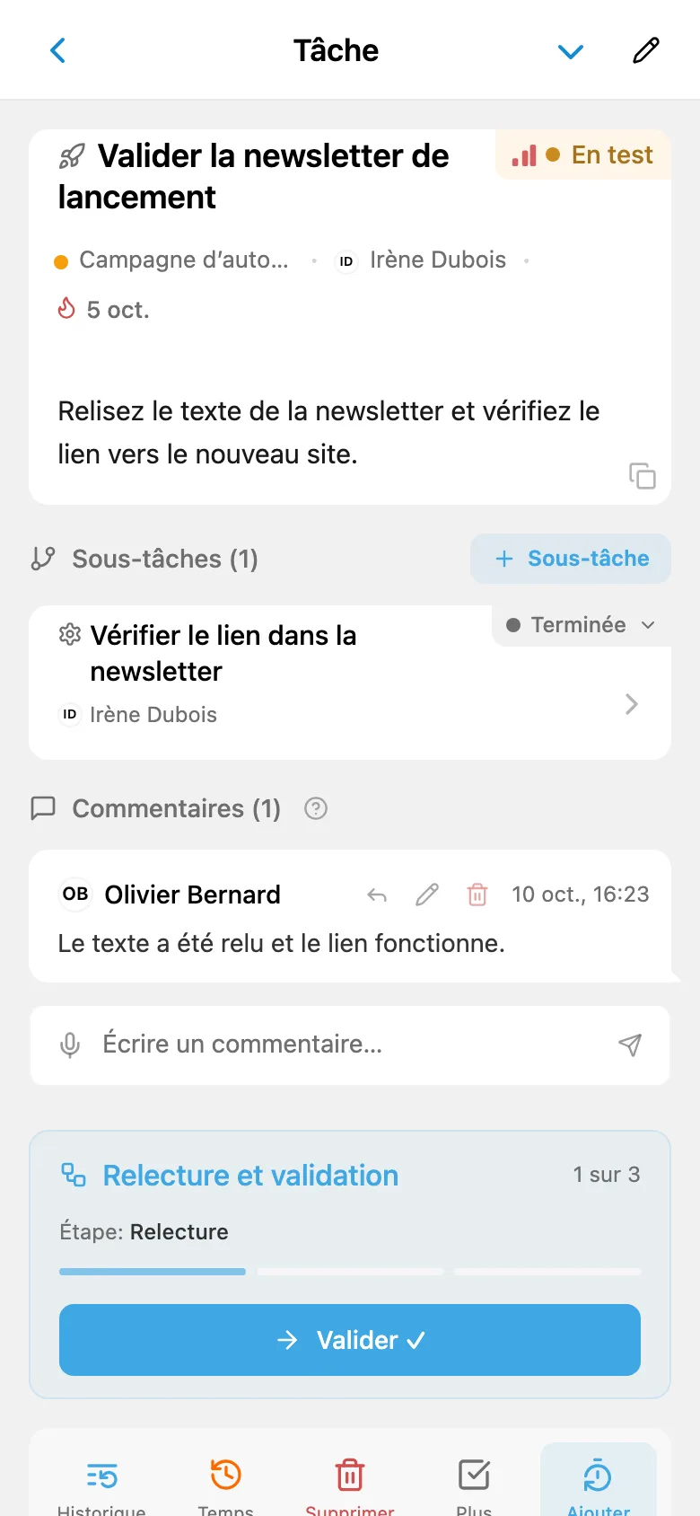 Tâche à l’étape Relecture avec un bouton de passage à l’étape suivante