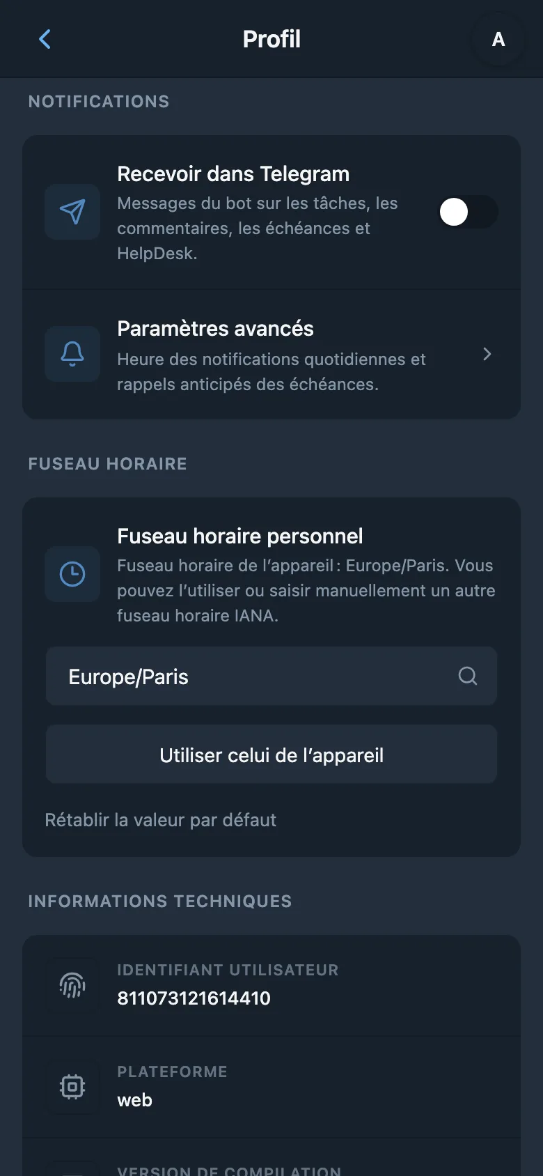 Paramètres du fuseau horaire, de l’heure des notifications et des rappels avant échéance
