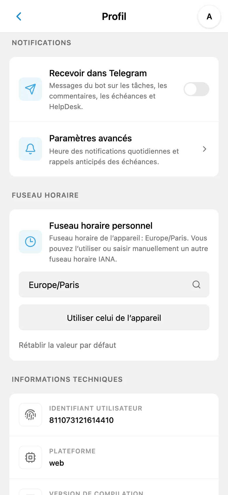 Paramètres du fuseau horaire, de l’heure des notifications et des rappels avant échéance