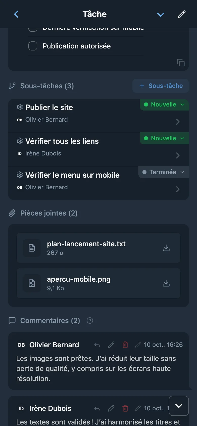 Pièces jointes dans une fiche de tâche