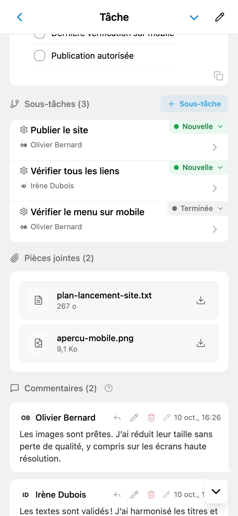 Pièces jointes dans une fiche de tâche
