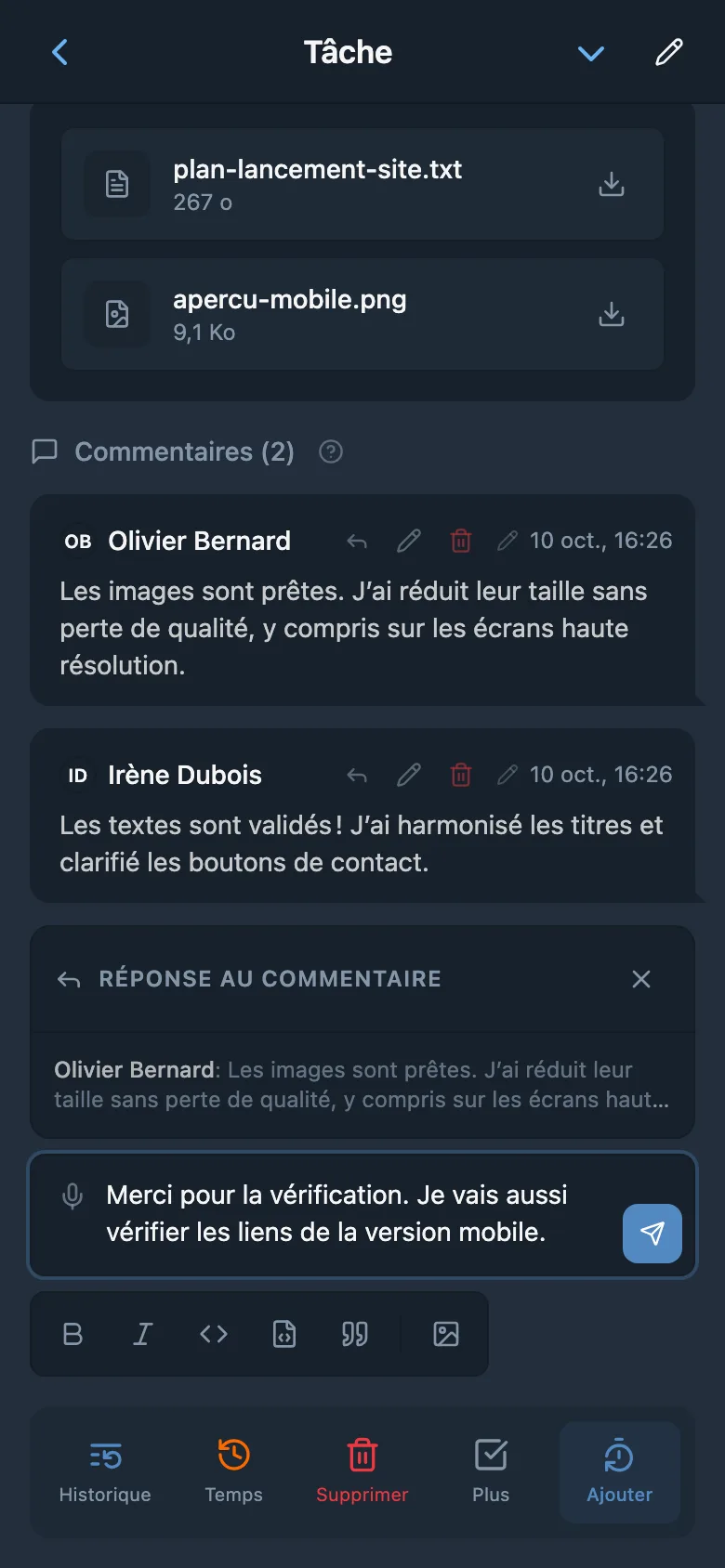 Réponse à un membre de l’équipe citant son commentaire