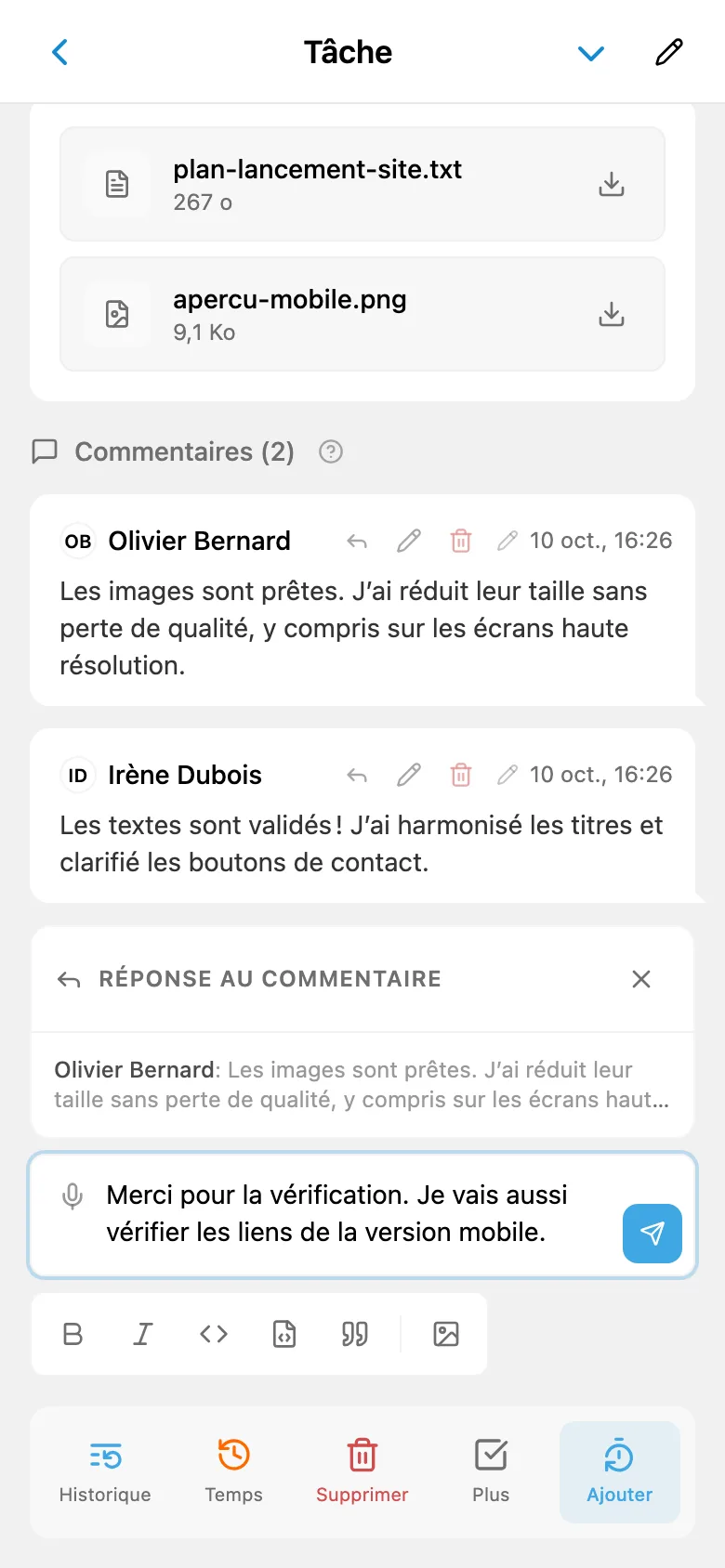 Réponse à un membre de l’équipe citant son commentaire