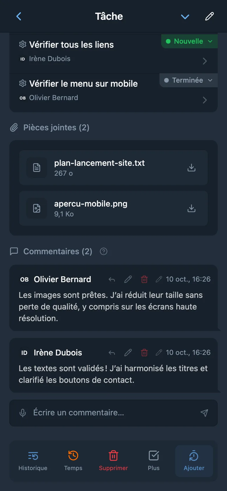 Conversation de l’équipe dans les commentaires d’une tâche
