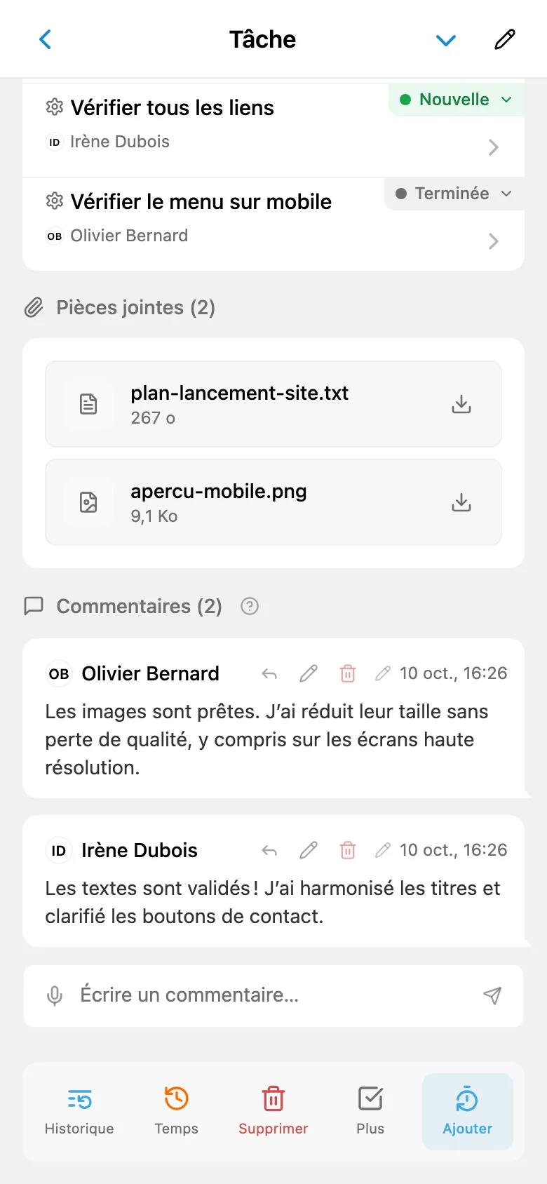 Conversation de l’équipe dans les commentaires d’une tâche