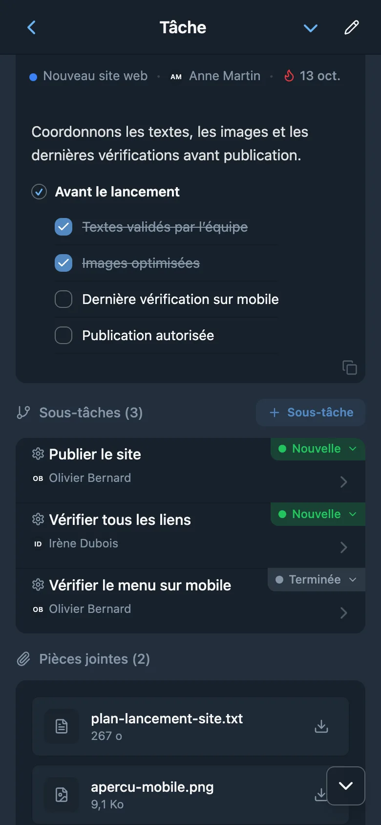 Fiche de tâche avec sous-tâches, statuts et responsables