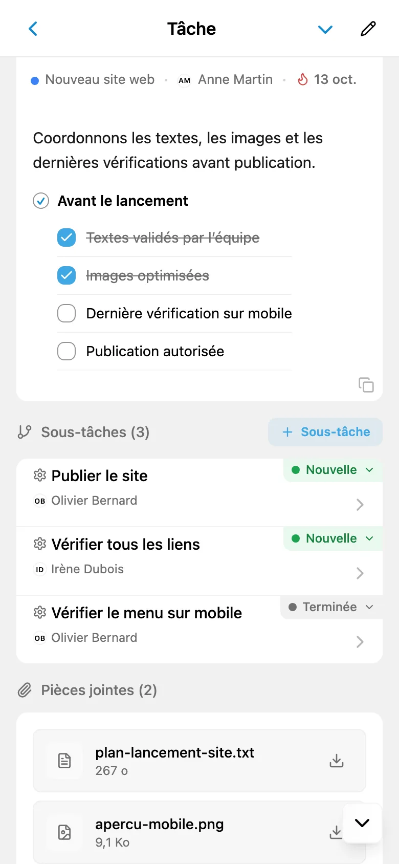 Fiche de tâche avec sous-tâches, statuts et responsables