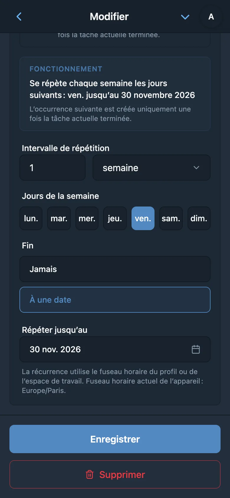 Règle de récurrence chaque vendredi avec date de fin de la série