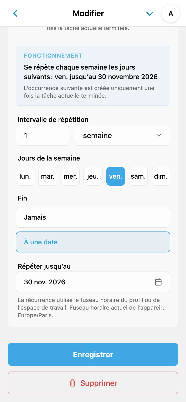 Règle de récurrence chaque vendredi avec date de fin de la série