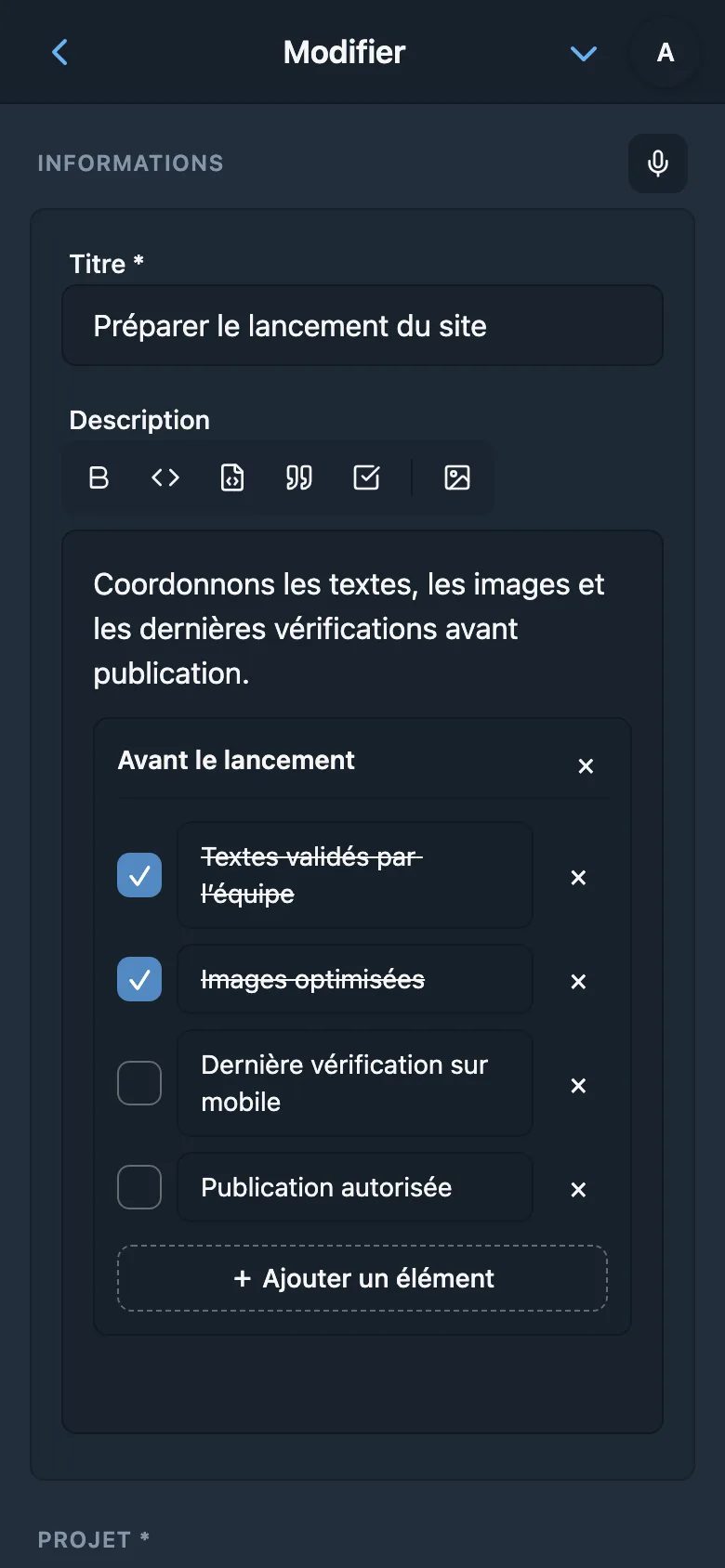 Éditeur de description d’une tâche avec mise en forme et bloc de code