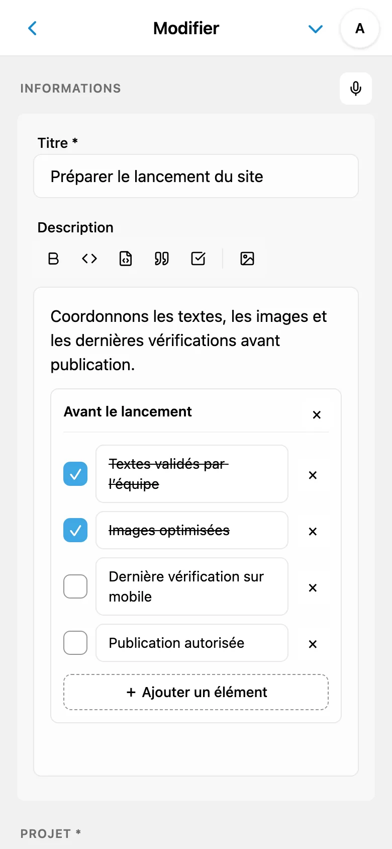 Éditeur de description d’une tâche avec mise en forme et bloc de code