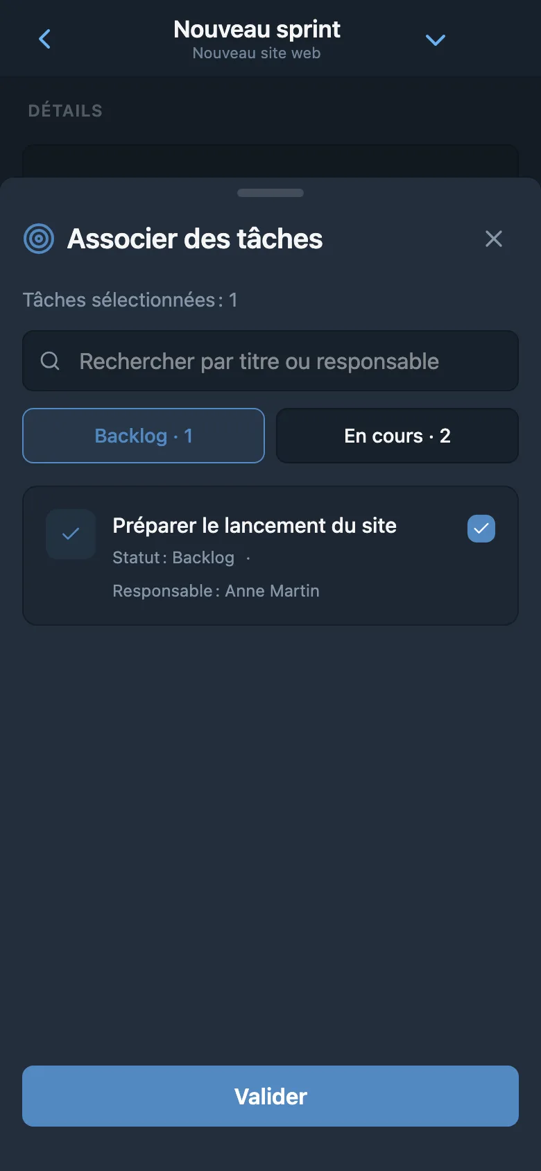 Sélection de tâches du backlog du projet à ajouter à un sprint