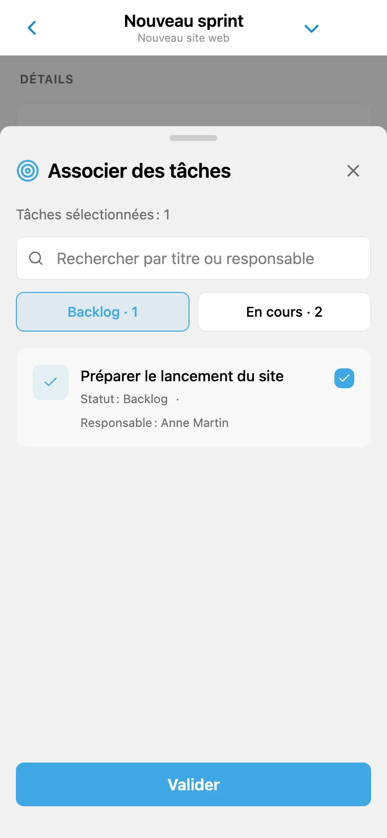 Sélection de tâches du backlog du projet à ajouter à un sprint