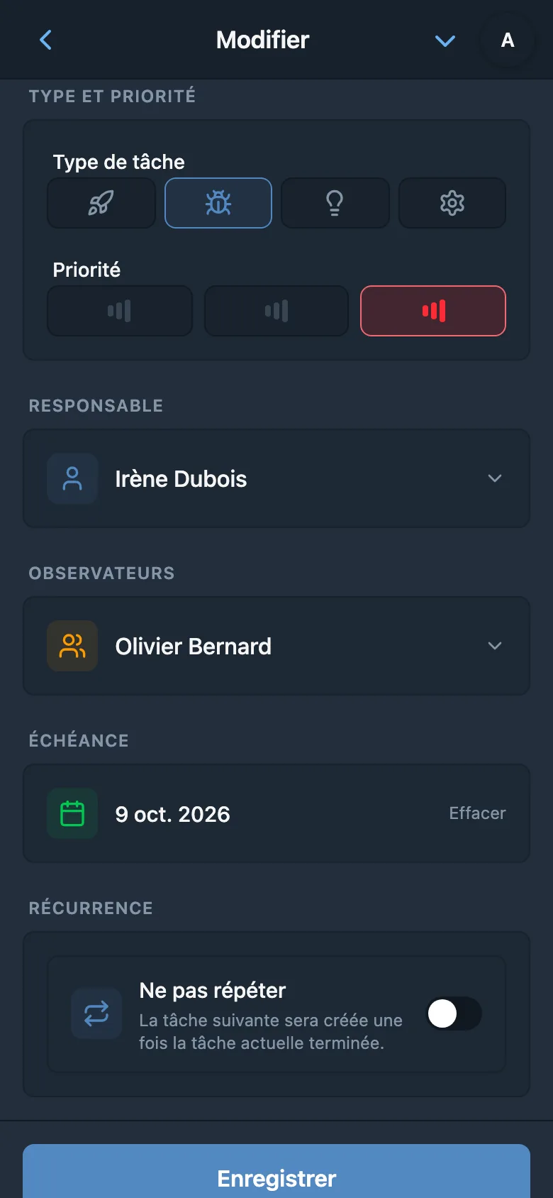 Champs d’une tâche de type Bug avec priorité haute, responsable, observateur et échéance