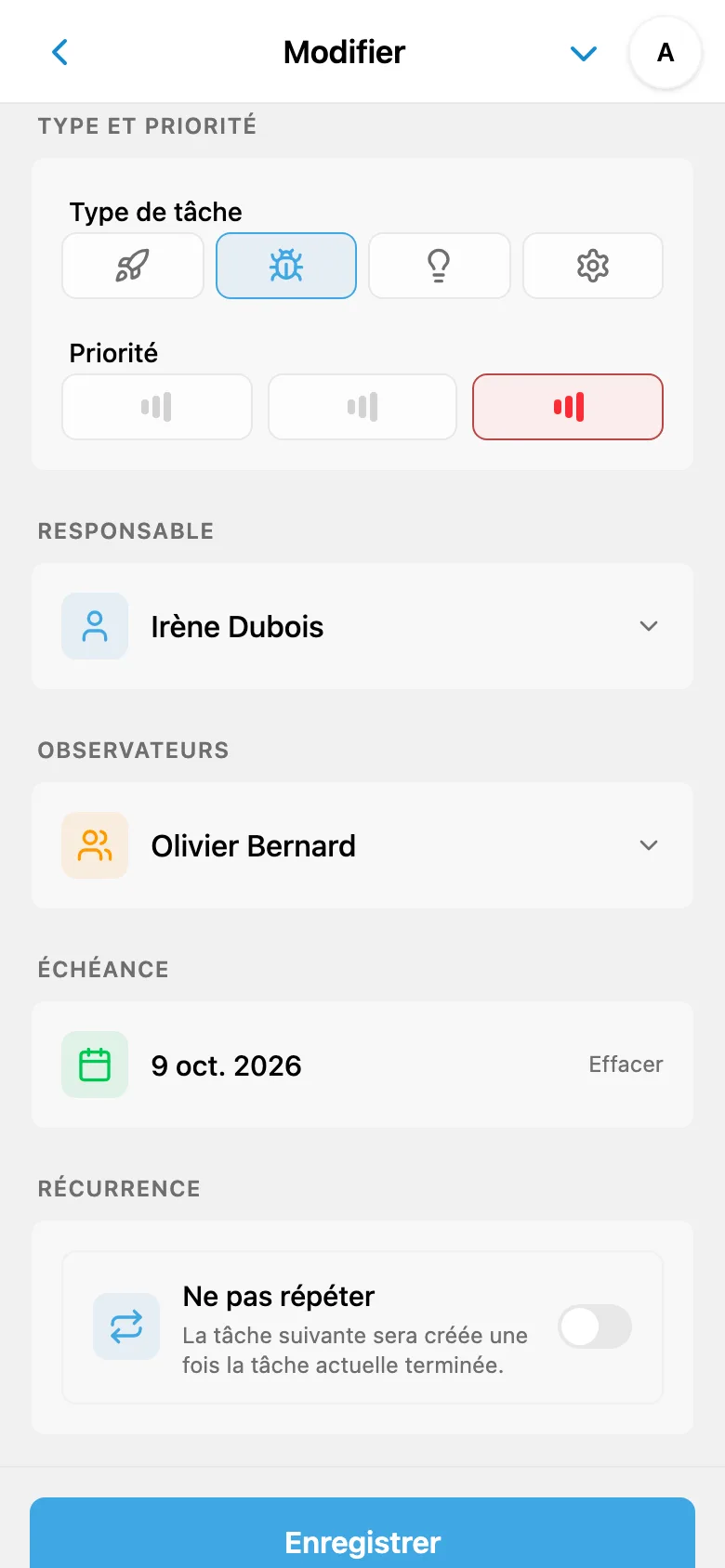 Champs d’une tâche de type Bug avec priorité haute, responsable, observateur et échéance