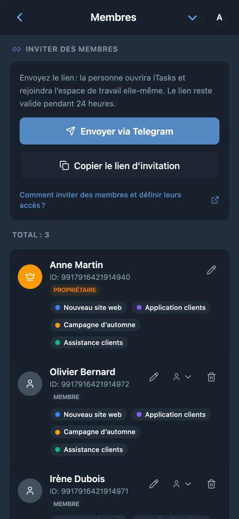 Création d’une invitation à l’espace de travail