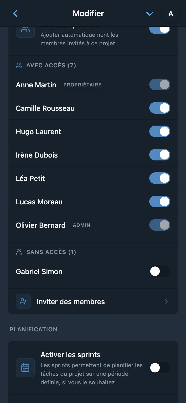 Paramètres d’accès au projet